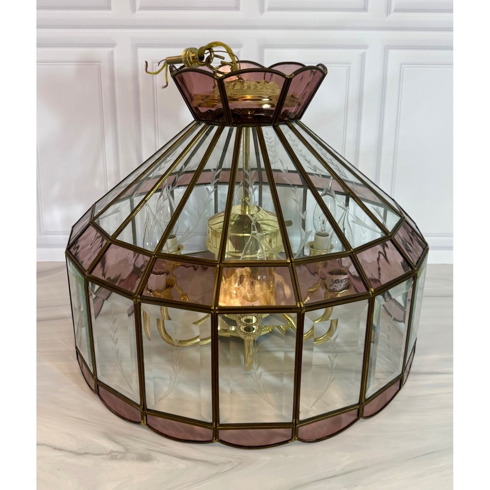 Vintage Brass Leaded Glass Chandelier Purple Slag Etched Glass 5-Light Fixture